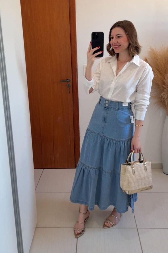 White Button Down Shirt + Tiered Light Wash Denim Maxi Skirt + Gold Strappy Sandals