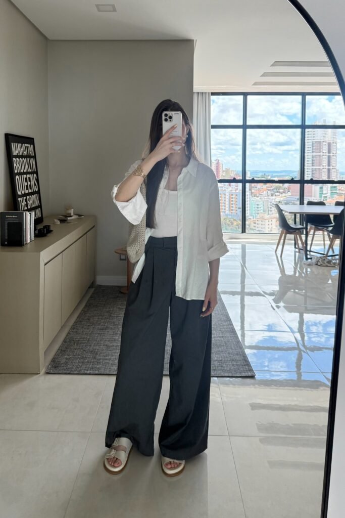 White Button-Down Shirt + White Tank Top + Dark Grey Wide-Leg Trousers + White Double-Strap Sandals