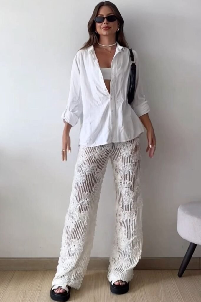 White Button-Down Shirt + White Textured Lace Wide-Leg Pants + Black Platform Sandals