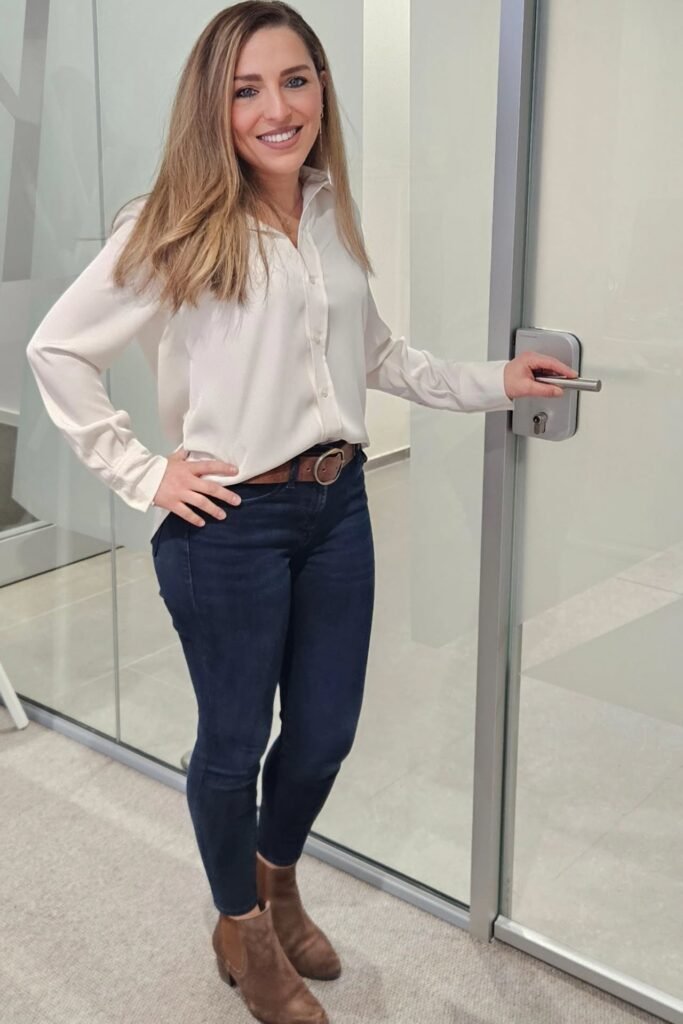 White Button-Down Silk Shirt + Dark Wash Skinny Jeans + Brown Suede Ankle Boots
