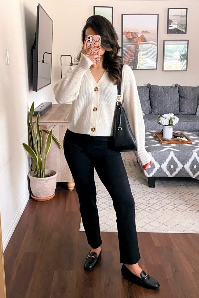 White Button-Up Cardigan + Black Trousers + Black Loafers
