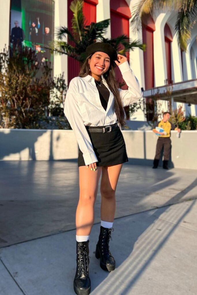 White Button-Up Shirt over Black Top + Black Mini Skirt + Black Platform Lace-Up Boots