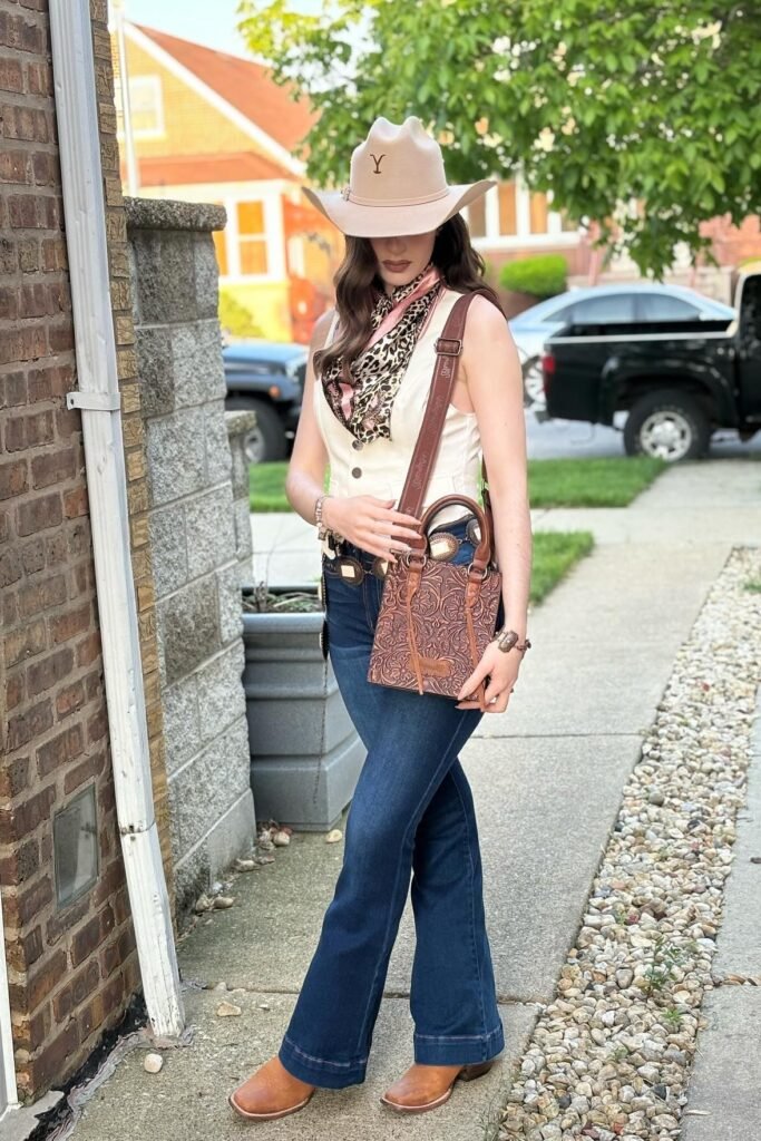 White Button-Up Vest + Dark Wash Flared Jeans + Tan Square-Toe Cowboy Boots