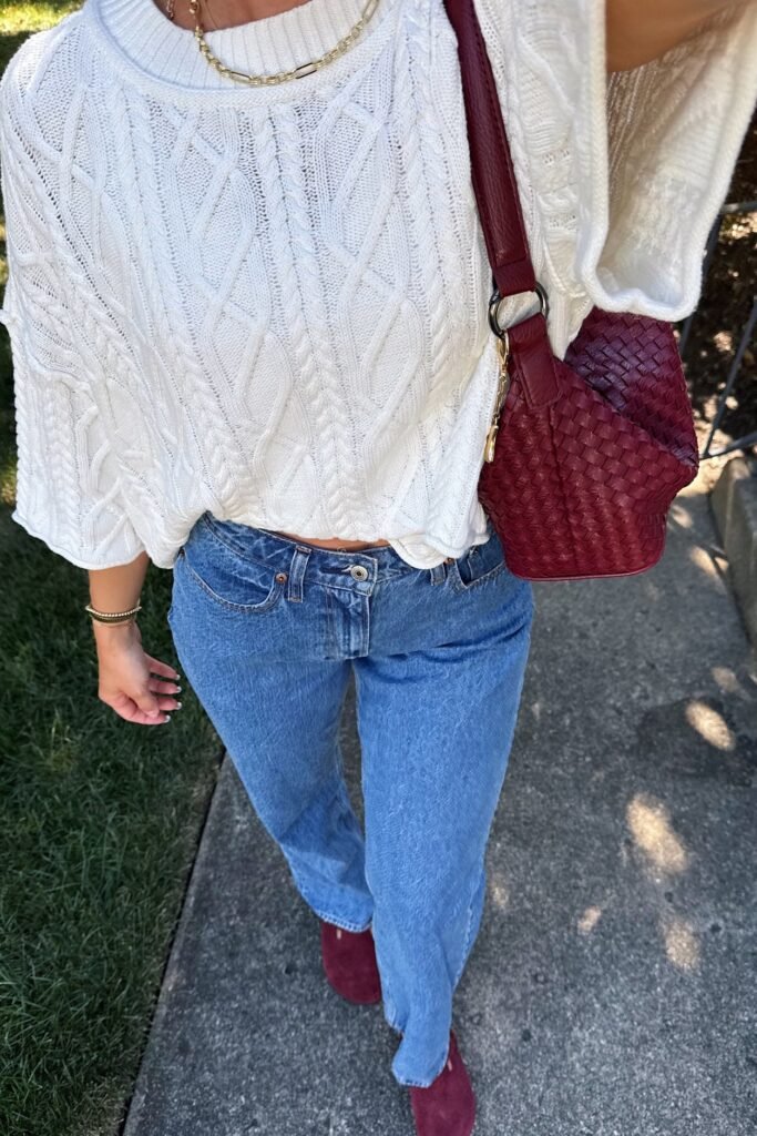 White Cable Knit Oversized Sweater + Straight Leg Blue Jeans + Burgundy Suede Shoes