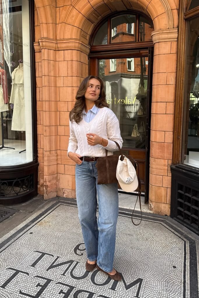 White Cable Knit Sweater + Light Blue Shirt + Relaxed Jeans + Brown Ballet Flats
