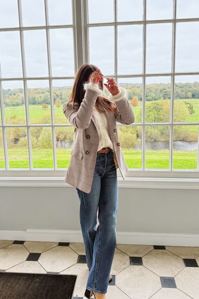 White Cable Knit Sweater + Plaid Double Breasted Blazer + Dark Wash Wide Leg Jeans