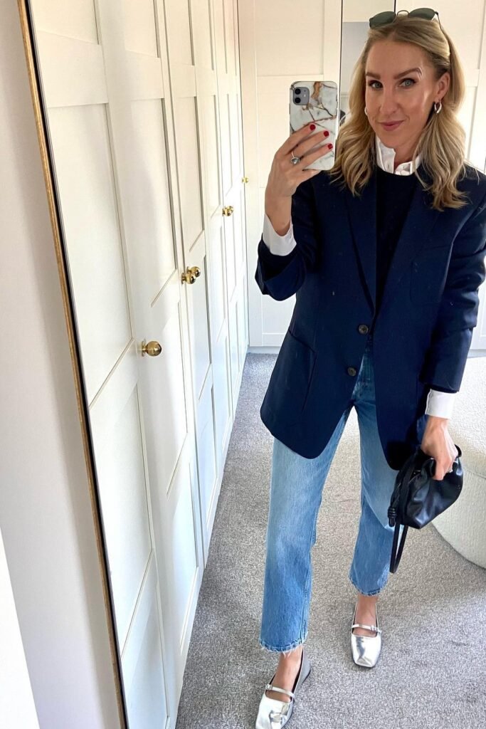 White Collared Shirt + Navy Crewneck Sweater + Navy Blazer + Straight Leg Jeans + Silver Mary Jane Flats