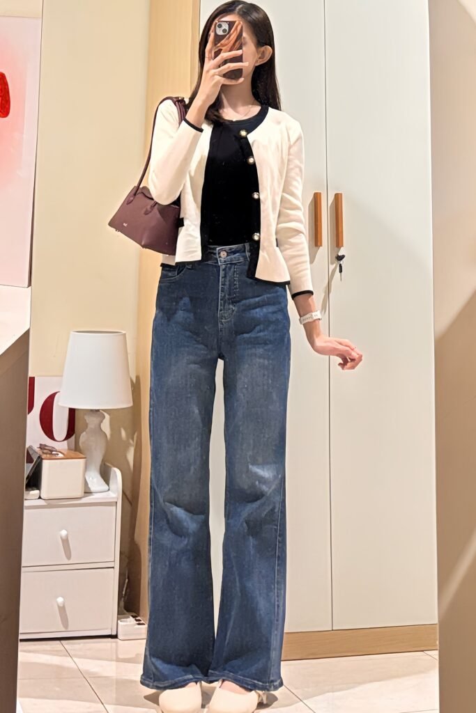 White Contrast Trim Cardigan + Black Base Top + Wide-Leg Blue Jeans + Off-White Loafers
