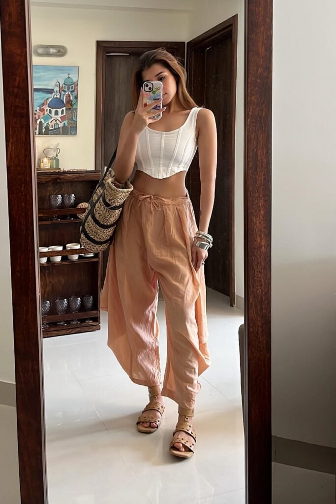 White Corset Crop Top + Peach Harem Pants + Studded Sandals