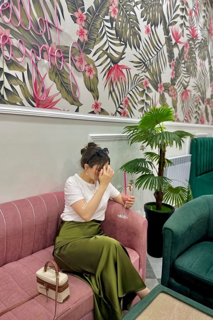White Crew-Neck T-Shirt + Olive Green Satin Maxi Skirt + White and Brown Box Bag
