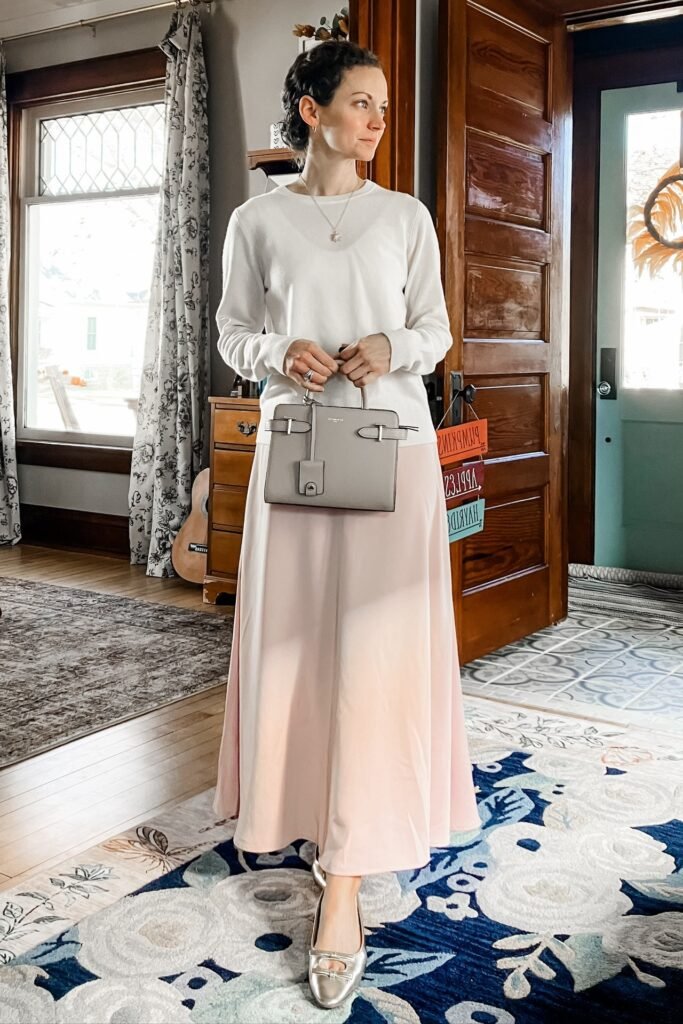 White Crochet Cardigan + Blue Floral Tiered Maxi Skirt + Beige Platform Sandals