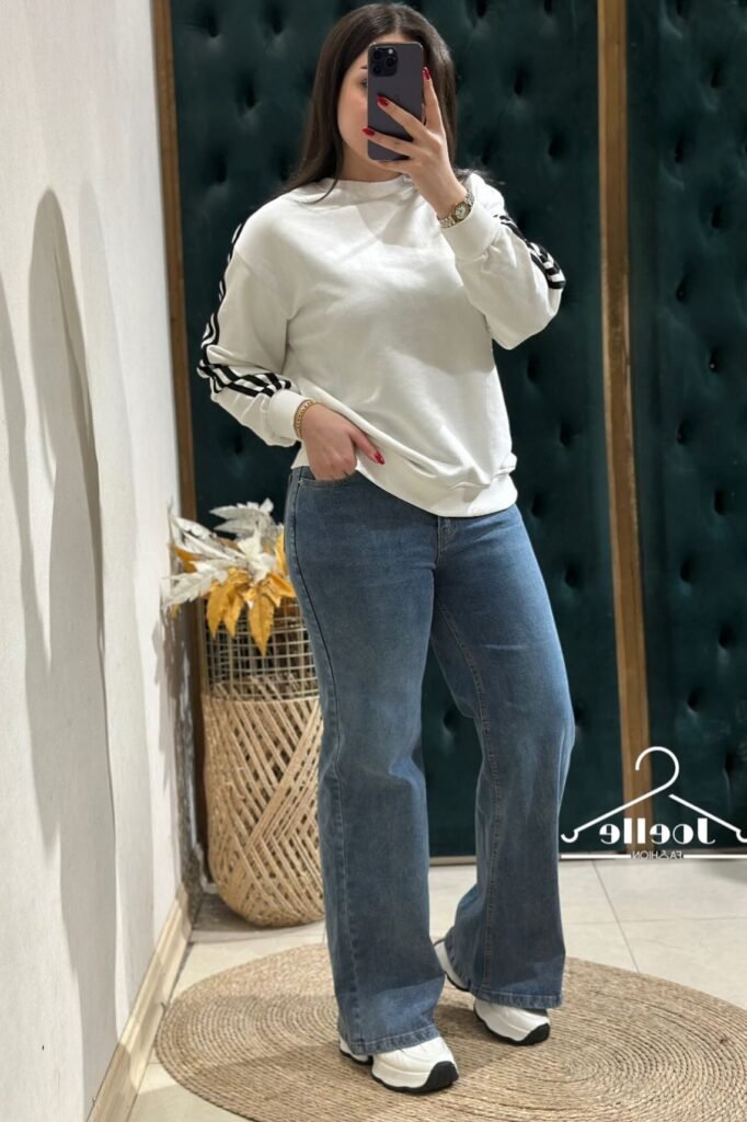 White Crewneck Sweatshirt with Striped Sleeves + Classic Blue Jeans + White Platform Sneakers