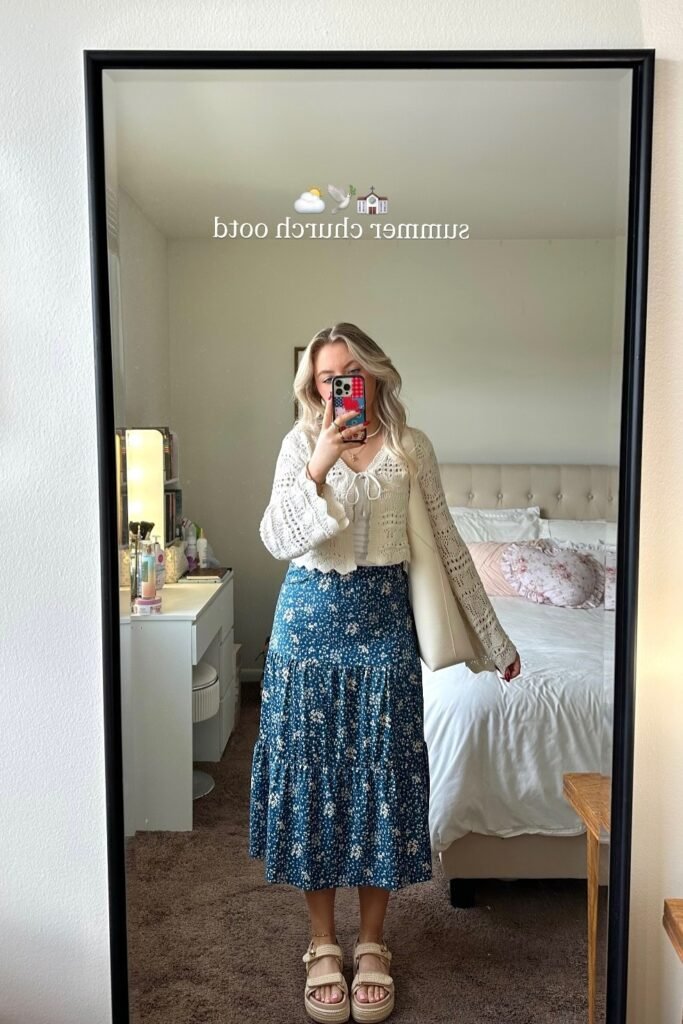 White Crochet Cardigan + Blue Floral Tiered Maxi Skirt + Beige Platform Sandals