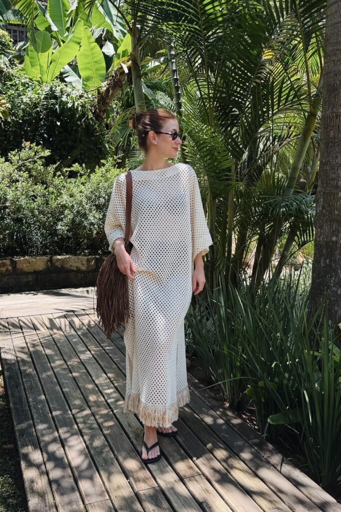 White Crochet Maxi Dress with Fringe + Brown Fringe Shoulder Bag + Black Flip-Flops