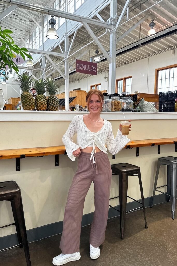 White Crochet Tie Front Top + Mauve Ribbed Wide Leg Pants + White Platform Sneakers