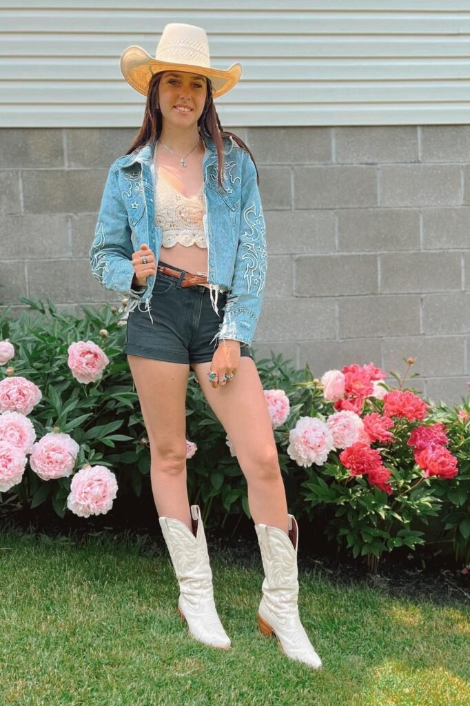 White Crochet Top + Embroidered Denim Crop Jacket + Black Denim Shorts + White Western Boots