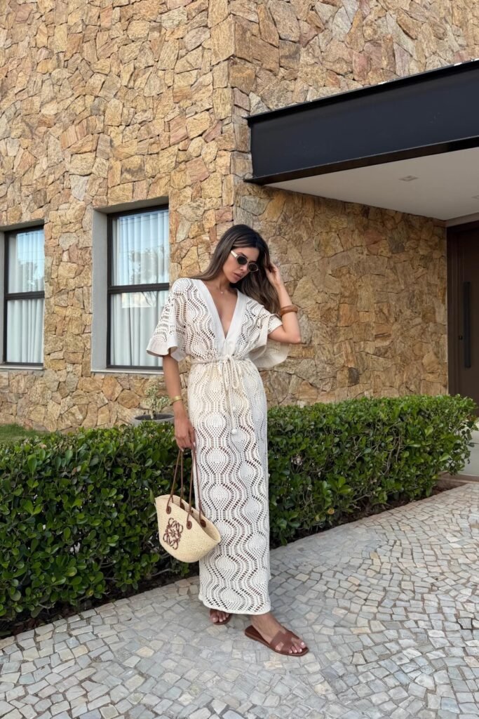 White Crochet V-Neck Maxi Dress + Brown Leather Sandals + Woven Straw Tote