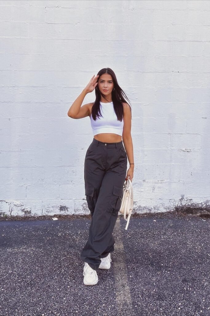 White Crop Tank Top + Charcoal Cargo Pants + White Chunky Sneakers