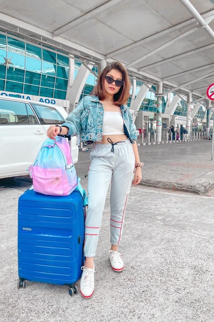 White Crop Top + Denim Jacket + Light Grey Joggers + White Sneakers