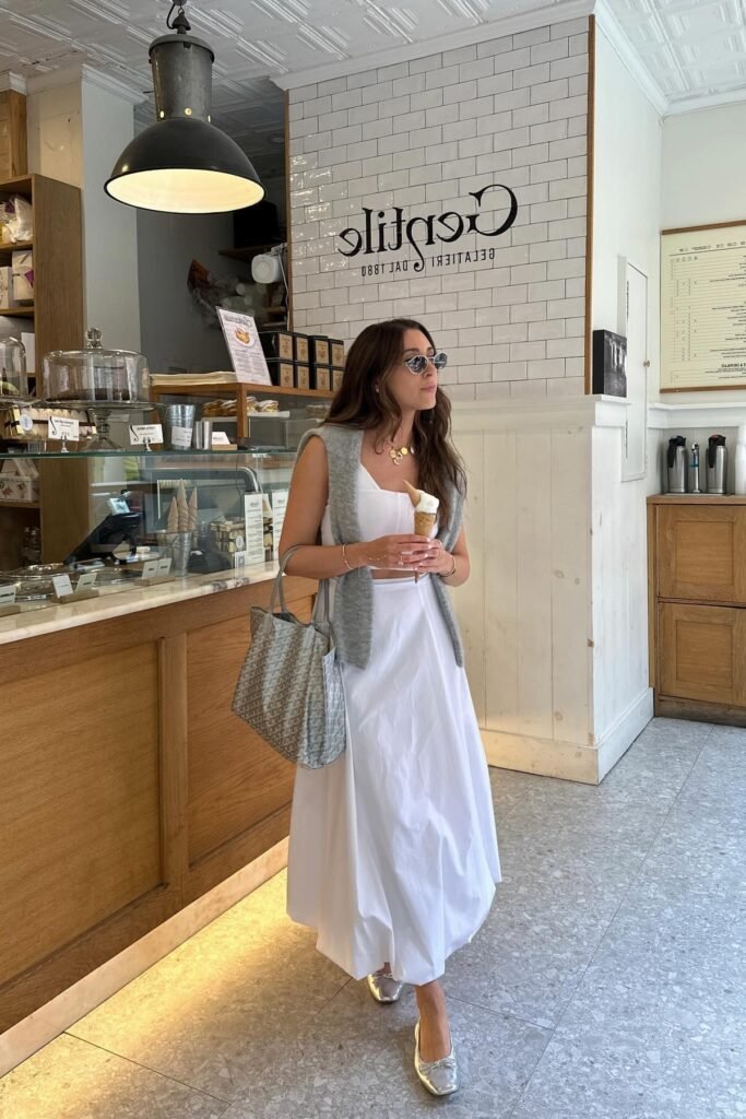 White Crop Top + White Maxi Skirt + Grey Sweater Over Shoulders + Silver Ballet Flats