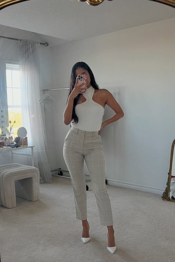 White Cut-out Halter Bodysuit + Grey Plaid Trousers + White Pointed Heels