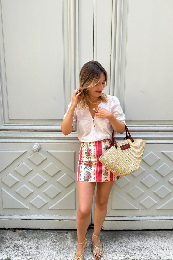 White Embroidered Short-Sleeve Top + Floral Print Mini Skirt + Gold Strappy Sandals