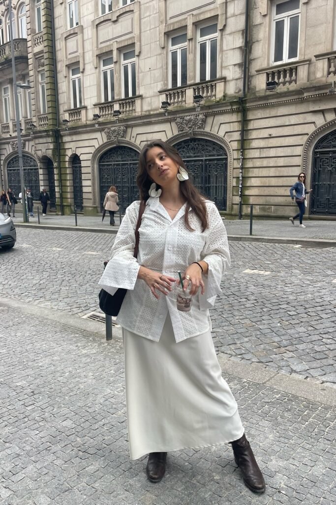 White Eyelet Button-Down Shirt + White Satin Maxi Skirt + Dark Brown Leather Boots