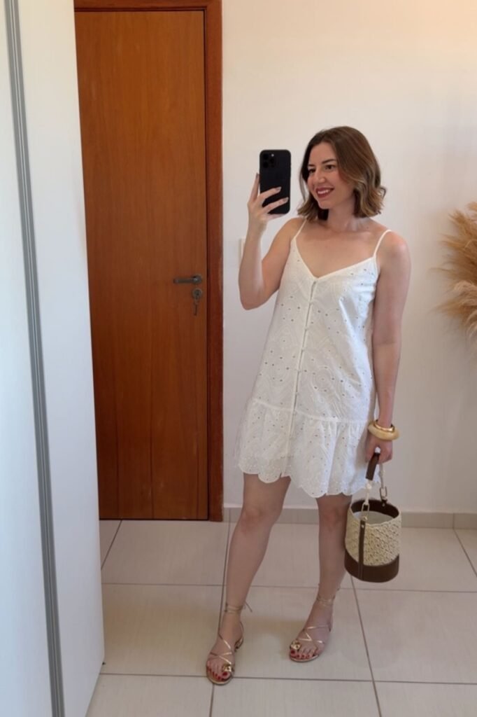 White Eyelet Lace Mini Slip Dress + Gold Strappy Sandals + Straw Bucket Bag