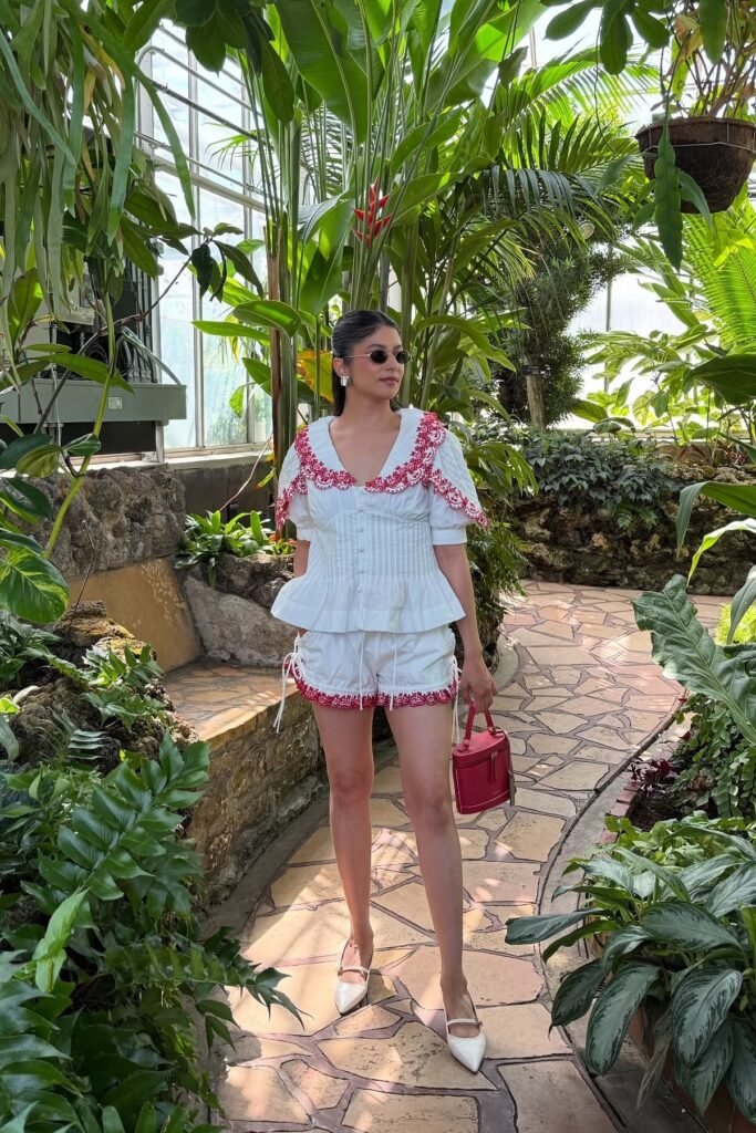 White Eyelet Peplum Top with Red Trim + Matching Eyelet Shorts + White Mary Jane Flats