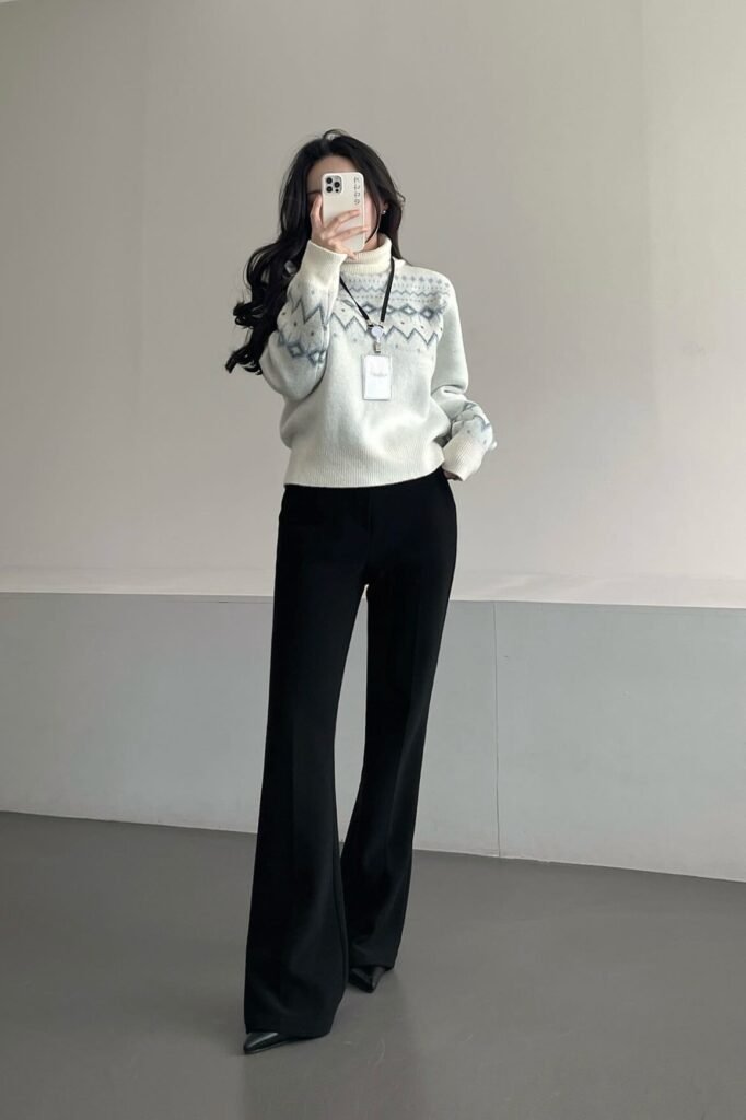 White Fair Isle Turtleneck Sweater + Black Flared Trousers + Black Pointed Toe Shoes