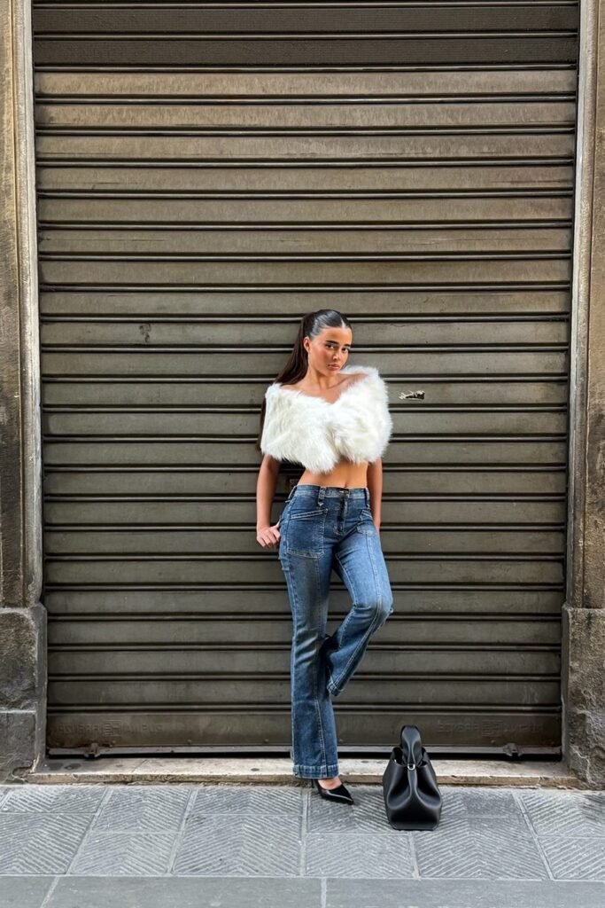 White Faux Fur Off-the-Shoulder Top + Blue Flared Jeans + Black Pointed Heels