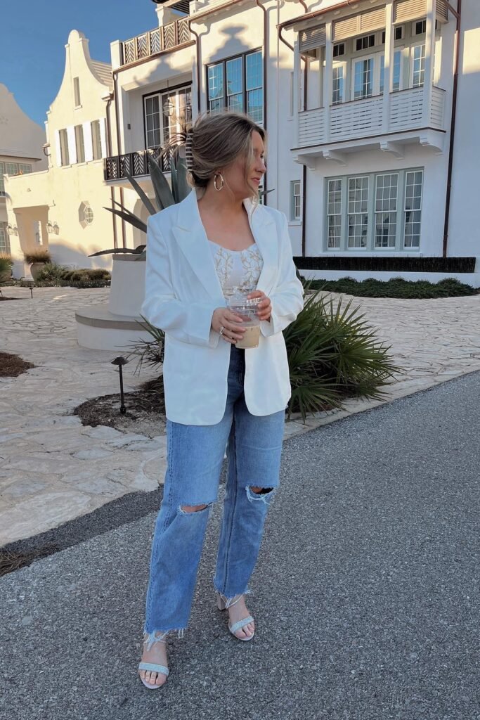 White Floral Lace Top + White Oversized Blazer + Ripped Light Wash Jeans + Silver Strappy Sandals