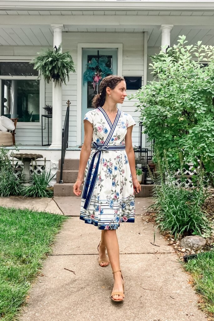 White Floral Wrap Dress with Navy Trim + Tan Block Heel Sandals