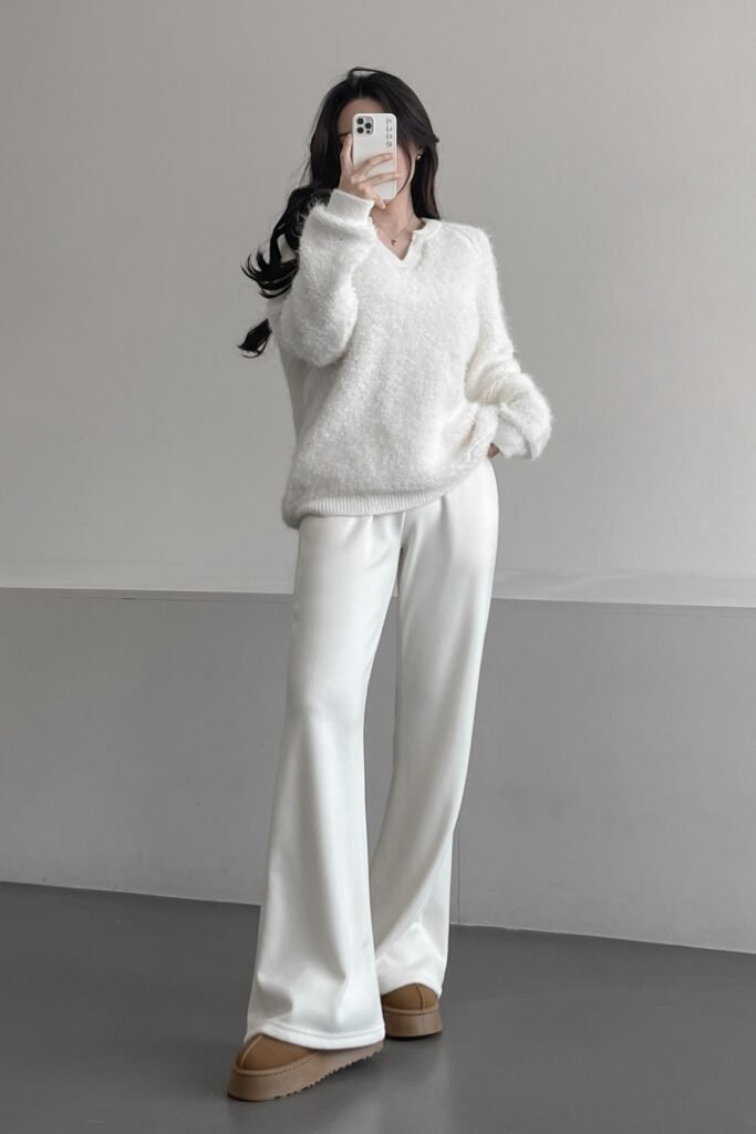 White Fuzzy V-Neck Sweater + White Wide-Leg Sweatpants + Tan Platform Mini Boots