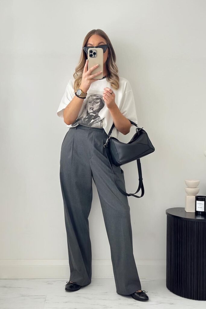 White Graphic T Shirt + Charcoal Wide Leg Trousers + Black Ballet Flats