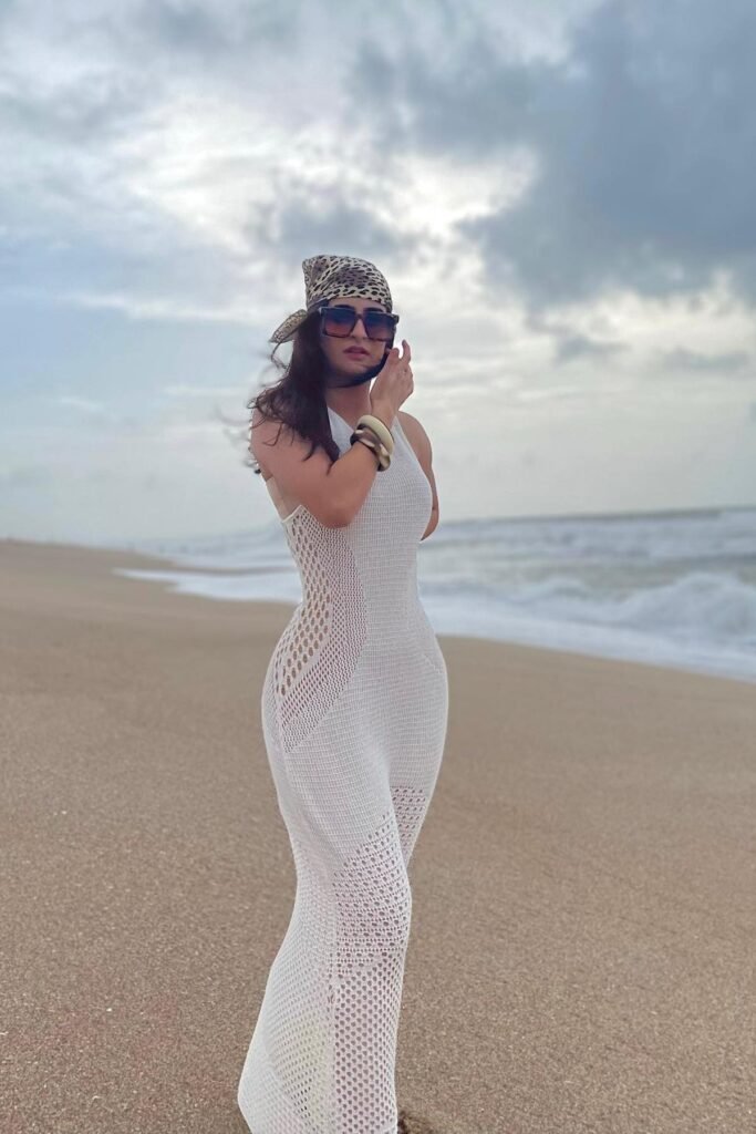 White Halter-Neck Crochet Maxi Dress + Leopard Print Headscarf