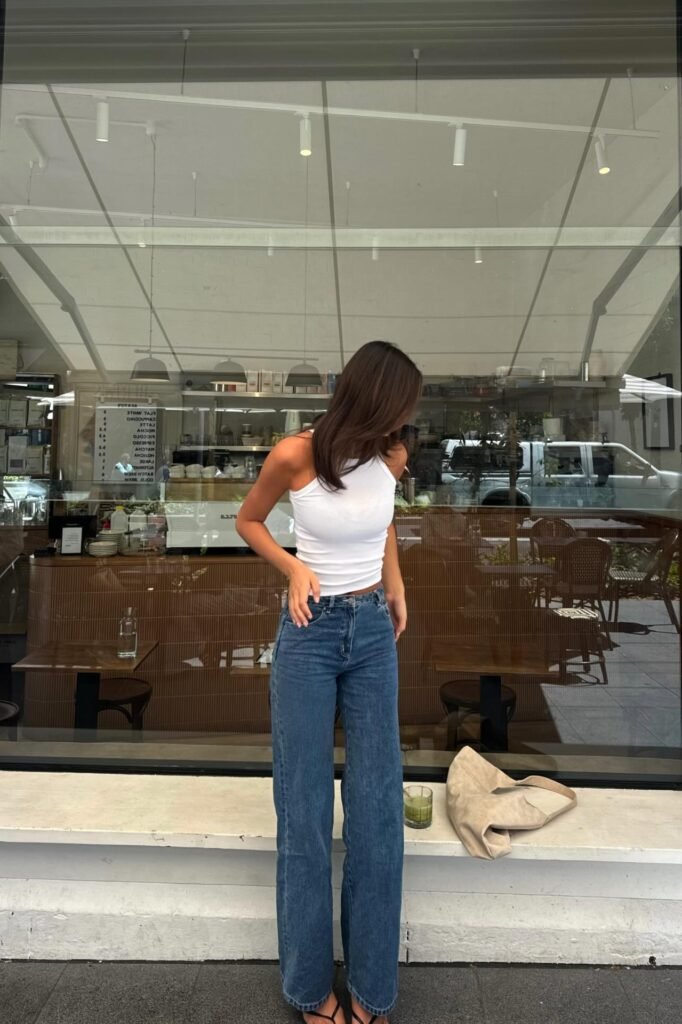 White Halter Tank Top + Classic Blue Wide-Leg Jeans + Black Strappy Sandals