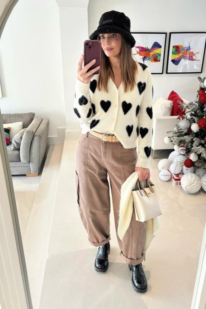 White Heart Patterned Cardigan + Tan Cargo Trousers + Black Fuzzy Bucket Hat + Black Chunky Boots