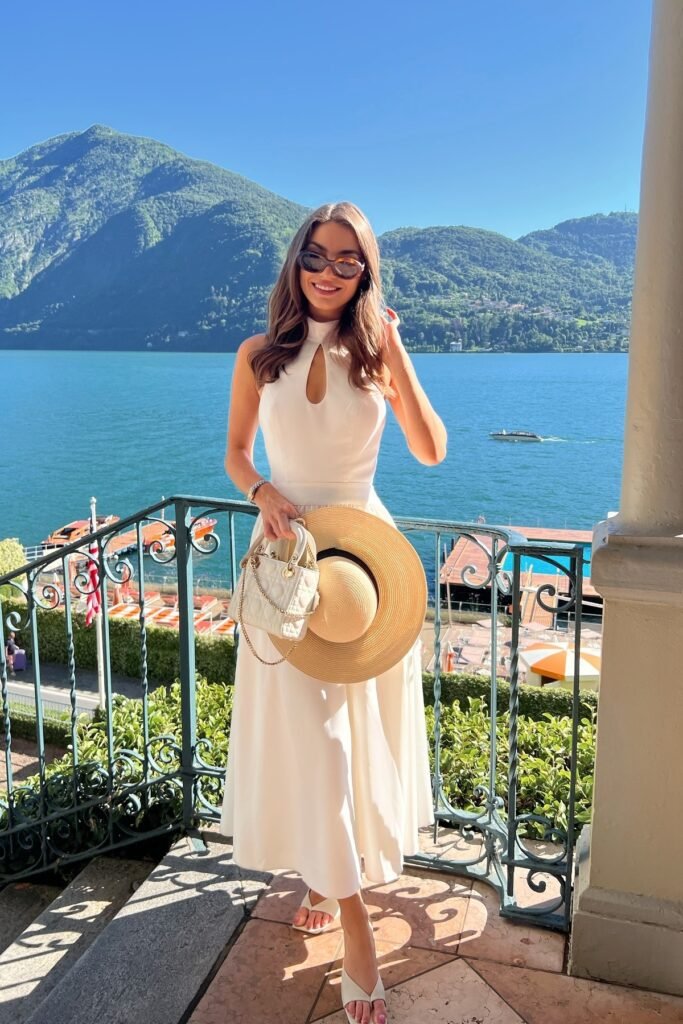 White Keyhole Halter Midi Dress + White Strappy Sandals + Straw Sun Hat