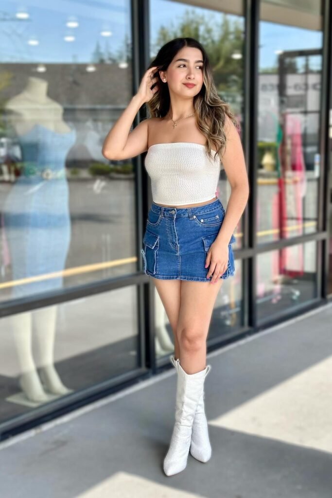 White Knit Tube Top + Blue Denim Cargo Skirt + White Tall Boots