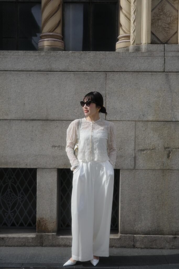 White Lace Blouse + White Wide-Leg Trousers + White Pointed-Toe Flats