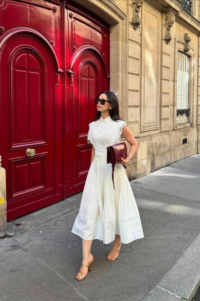 White Lace Detail Midi Dress + Gold Strappy Heeled Sandals + Burgundy Leather Clutch