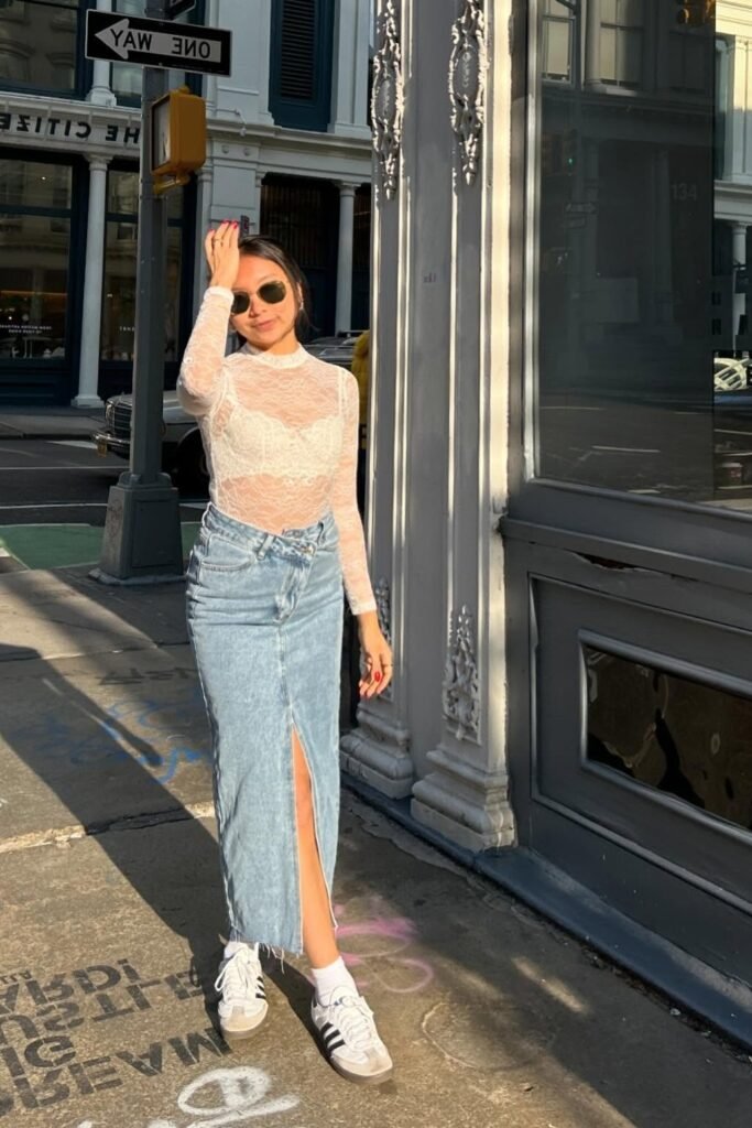 White Lace Long Sleeve Bodysuit + Light Wash Denim Maxi Skirt + White Sneakers