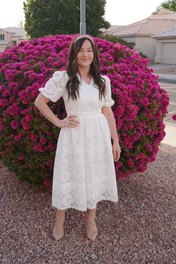 White Lace Puff-Sleeve Midi Dress + Nude Pointed-Toe Strappy Heels
