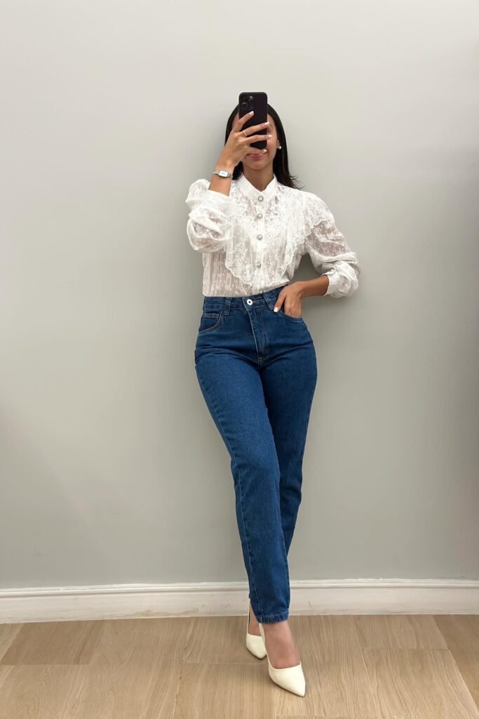 White Lace Ruffle Blouse + Dark Wash Slim Jeans + White Pointed Toe Pumps