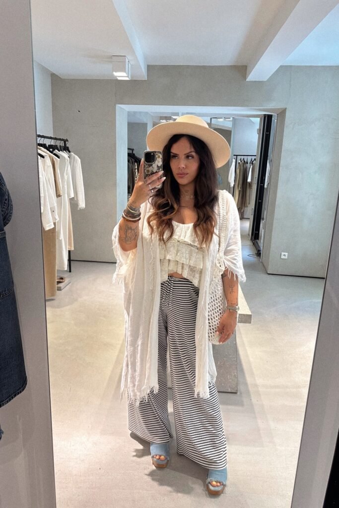 White Lace Ruffled Crop Top + Black and White Striped Wide-Leg Pants + White Kimono + Tan Fedora