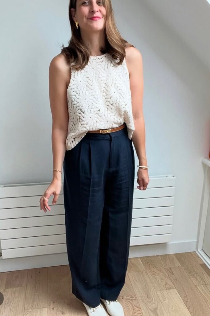 White Lace Sleeveless Top + Navy Wide-Leg Trousers + White Loafers