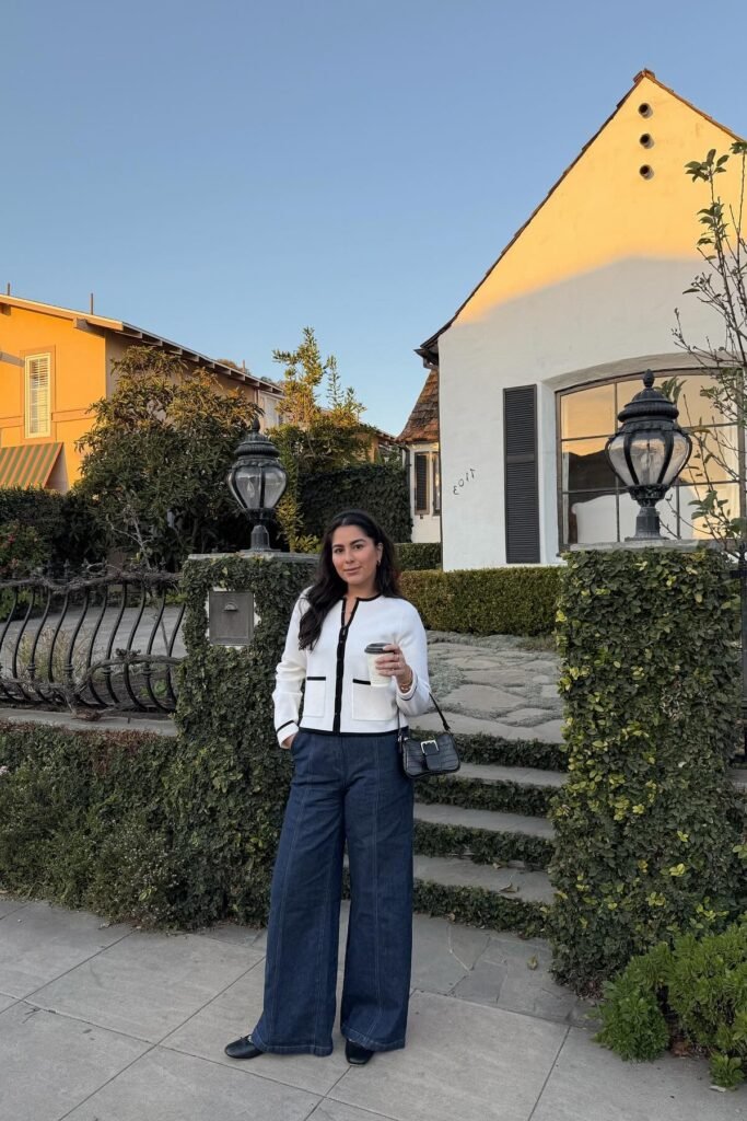 White Lady Jacket with Black Contrast Trim + Dark Wash Wide-Leg Jeans + Black Square-Toe Flats