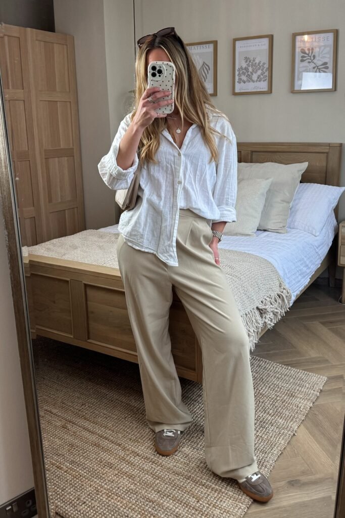 White Linen Button-Down + Beige Wide-Leg Trousers + Brown Sneakers