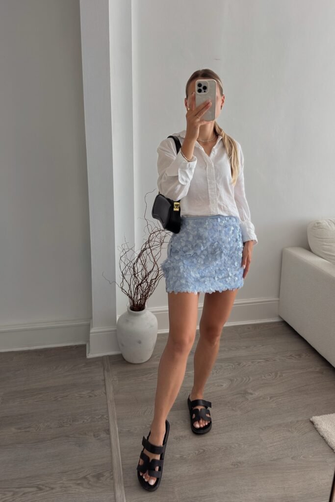 White Linen Button-Down Shirt + Light Blue Sequin Mini Skirt + Black Platform Sandals